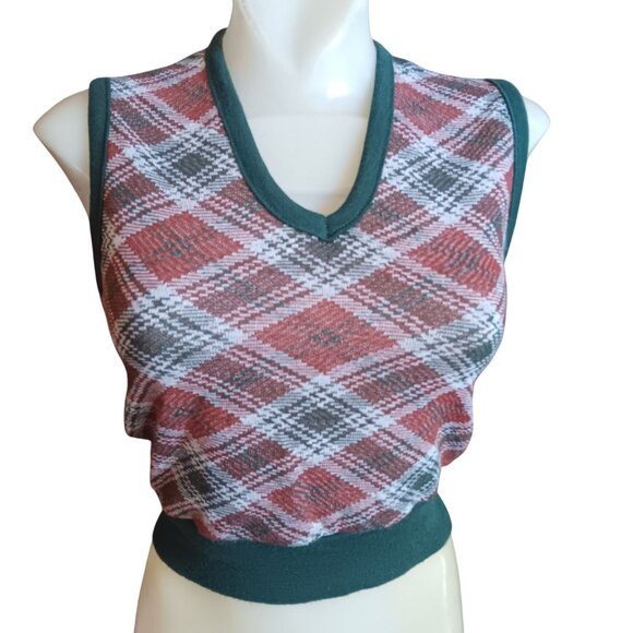 XS Vintage Argyle Cropped Knit Sweater Vest Top Sleeveless Pullover Green Trim - Picture 2 of 6